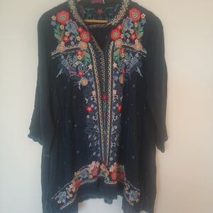 Johnny Was Blue Tunic  Blouse with Colorful Floral Embroidery Size M